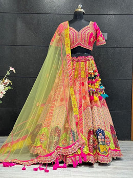 Rani Pink Traditional Embroidered multi colour Lehenga Choli with Net Dupatta