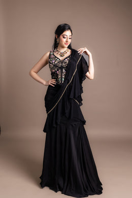 Elegant Black Embroidered Indo-Western Draped Saree Gown