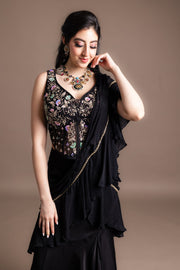 Elegant Black Embroidered Indo-Western Draped Saree Gown
