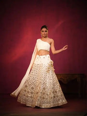 White & Light Golden Tissue Mirror Work Lehenga Set
