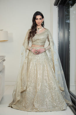 Golden Organza & Sequins Net Embroidered Lehenga Set