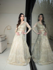 Golden Organza & Sequins Net Embroidered Lehenga Set