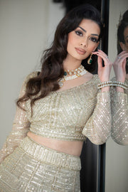 Golden Organza & Sequins Net Embroidered Lehenga Set