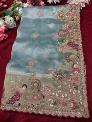 Pastel Aqua Peacock Embroidered Designer Saree with Heavy Handwork Blouse