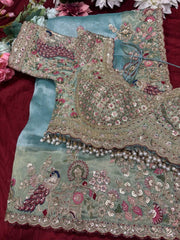 Pastel Aqua Peacock Embroidered Designer Saree with Heavy Handwork Blouse