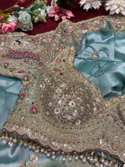 Pastel Aqua Peacock Embroidered Designer Saree with Heavy Handwork Blouse