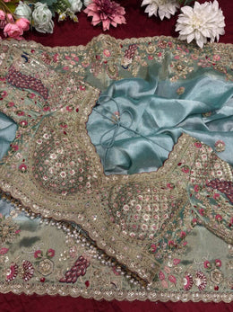Pastel Aqua Peacock Embroidered Designer Saree with Heavy Handwork Blouse