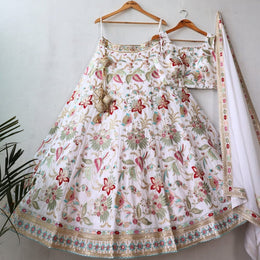 Ivory Floral Embroidered Lehenga Choli Set with Dupatta