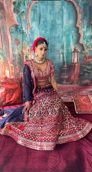 Midnight Blue Mirror Work Bridal Lehenga Set with Embroidered Dupatta
