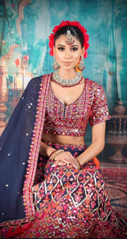 Midnight Blue Mirror Work Bridal Lehenga Set with Embroidered Dupatta