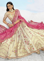 Cream & Pink Colour Embroidered thread work lehenga set