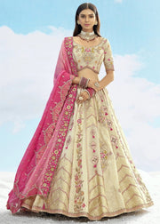 Cream & Pink Colour Embroidered thread work lehenga set
