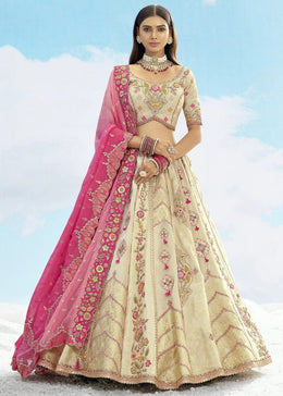 Cream & Pink Colour Embroidered thread work lehenga set