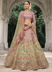 Dual shade Pink & light green Colour Embroidered thread work lehenga set