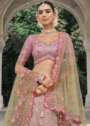 Dual shade Pink & light green Colour Embroidered thread work lehenga set