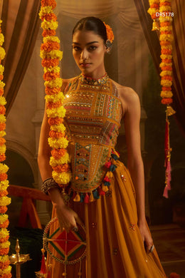 Yellow Georgette Embroidered Corset Top With Palazzo