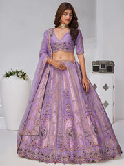 Lavender  Silk Wedding Lehenga with Leaf Embroidery & Peacock Motifs