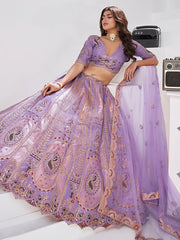 Lavender  Silk Wedding Lehenga with Leaf Embroidery & Peacock Motifs