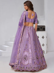 Lavender  Silk Wedding Lehenga with Leaf Embroidery & Peacock Motifs