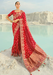 Cherry Red  Viscose Woven Saree  with Embroidery Border