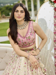 Cream-Floral tissue fabric sequins embroidery  blouse with dupatta