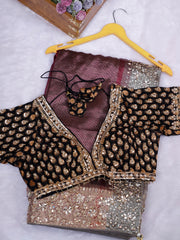 Black Wine Embroidered Saree with Designer Blouse