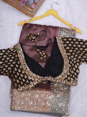 Black Wine Embroidered Saree with Designer Blouse