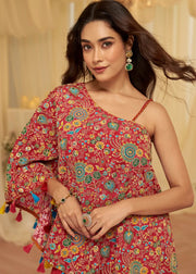 Cherry red Indo Western Party Wear for Ladies off Shoulder Top Sharara