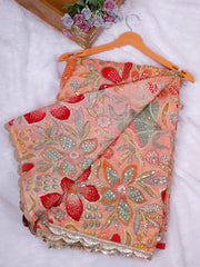 Multicolor Printed Flower Sequins Thread Chinon Elegance Saree