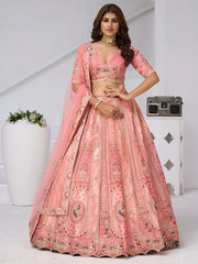 Light Pink Silk Wedding Lehenga with Leaf Embroidery & Peacock Motifs