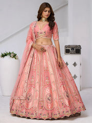 Light Pink Silk Wedding Lehenga with Leaf Embroidery & Peacock Motifs