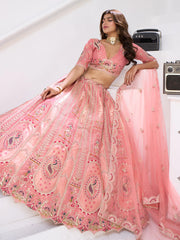 Light Pink Silk Wedding Lehenga with Leaf Embroidery & Peacock Motifs