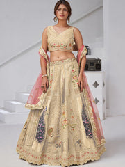 Beige Sequins  Silk Wedding Lehenga with Leaf Embroidery & Peacock Motifs