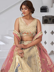Beige Sequins  Silk Wedding Lehenga with Leaf Embroidery & Peacock Motifs