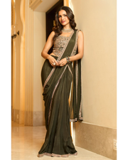 Dark Green Chinoon Pre-Drape Saree