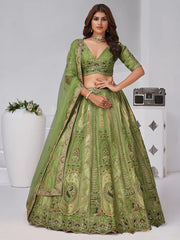 Olive Green  Silk Wedding Lehenga with Leaf Embroidery & Peacock Motifs