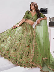 Olive Green  Silk Wedding Lehenga with Leaf Embroidery & Peacock Motifs
