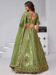 Olive Green  Silk Wedding Lehenga with Leaf Embroidery & Peacock Motifs