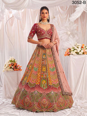 Blush pink shade Multi Colour Pure Slub Silk Premium Dori Embroidery Sequins & Diamond Work Bridal Lehenga Choli - Multicolor