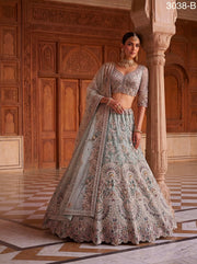 Ice Blue Premium Net Embroidered Lehenga Choli with Peacock & Paisley Work, Designer Blouse and Soft Net Dupatta