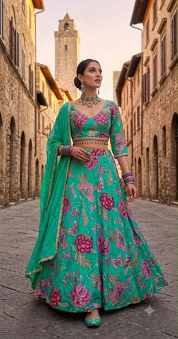 Emerald Green Bloom Floral Embroidered Lehenga Set