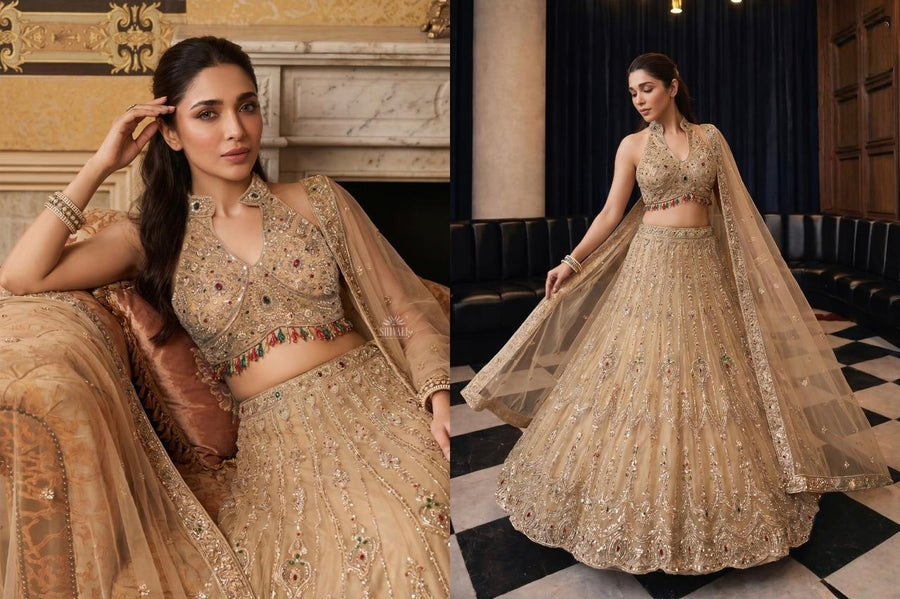 Champagne Gold Jewel Embroidered Lehenga Couture Ensemble