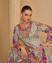 Multi colour full printed Readymade  mirror Work Crepe Silk Sharara Suit