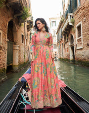 Peach-Pink Floral Chinon Silk Anarkali Gown with Dupatta - Pink