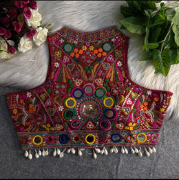 Halter Neck dark red heavy embroidery Blouse