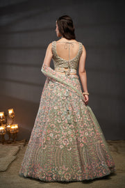 Sea Green & pink Embroidered Sequinned Lehenga & Unstitched Blouse With Dupatta