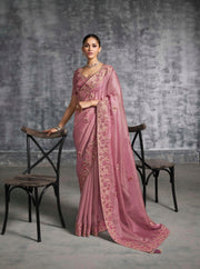Dusty Rose Pink Silk Saree with Embroidered Border Designer Blouse