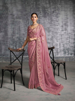 Dusty Rose Pink Silk Saree with Embroidered Border Designer Blouse