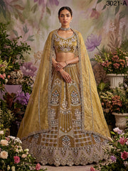 Mustard Pure Soft Heavy Net Fancy Embroidery Work Bridal Lehenga Choli - Mustard