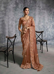 Copper brown Silk Saree with Embroidered Border Designer Blouse